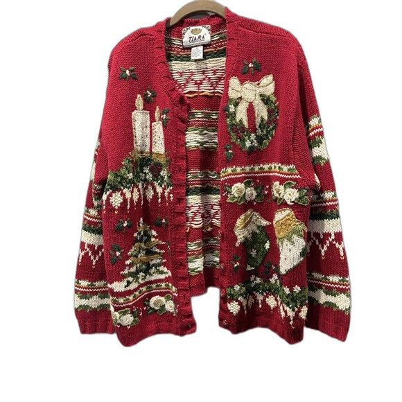 Tiara Int’l XL Red Christmas Cardigan Sweater Beaded Embroidered Holiday Ramie - Picture 2 of 7